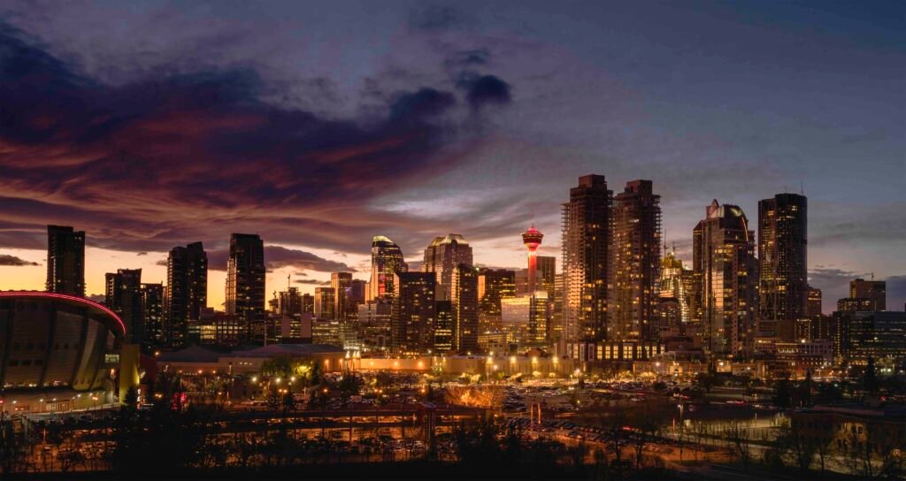 Calgary app storytelling example featuring a vibrant skyline at sunset, showcasing the city's innovation and creativity in mobile app design.