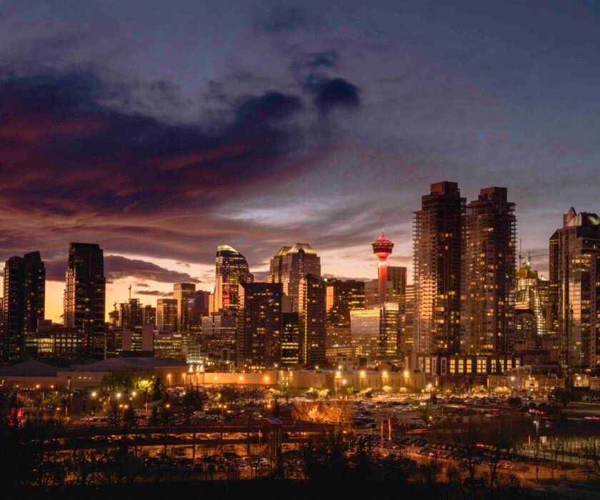 Calgary app storytelling example featuring a vibrant skyline at sunset, showcasing the city's innovation and creativity in mobile app design.